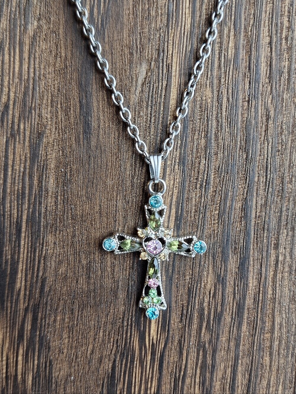 Faux Gemstones Cross Pendant Necklace Silvertone Multi Color Pastel 21" Chain